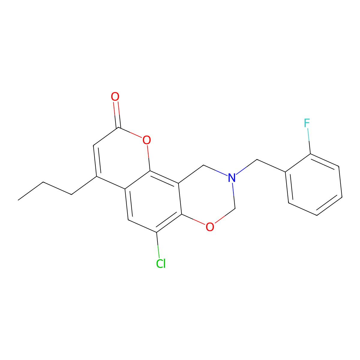 6-chloro-9-(2-fluorobenzyl)-4-propyl-9,10-dihydro-2H,8H-chromeno[8,7-e][1,3]oxazin-2-one molecular structure, CAS 849007-27-8