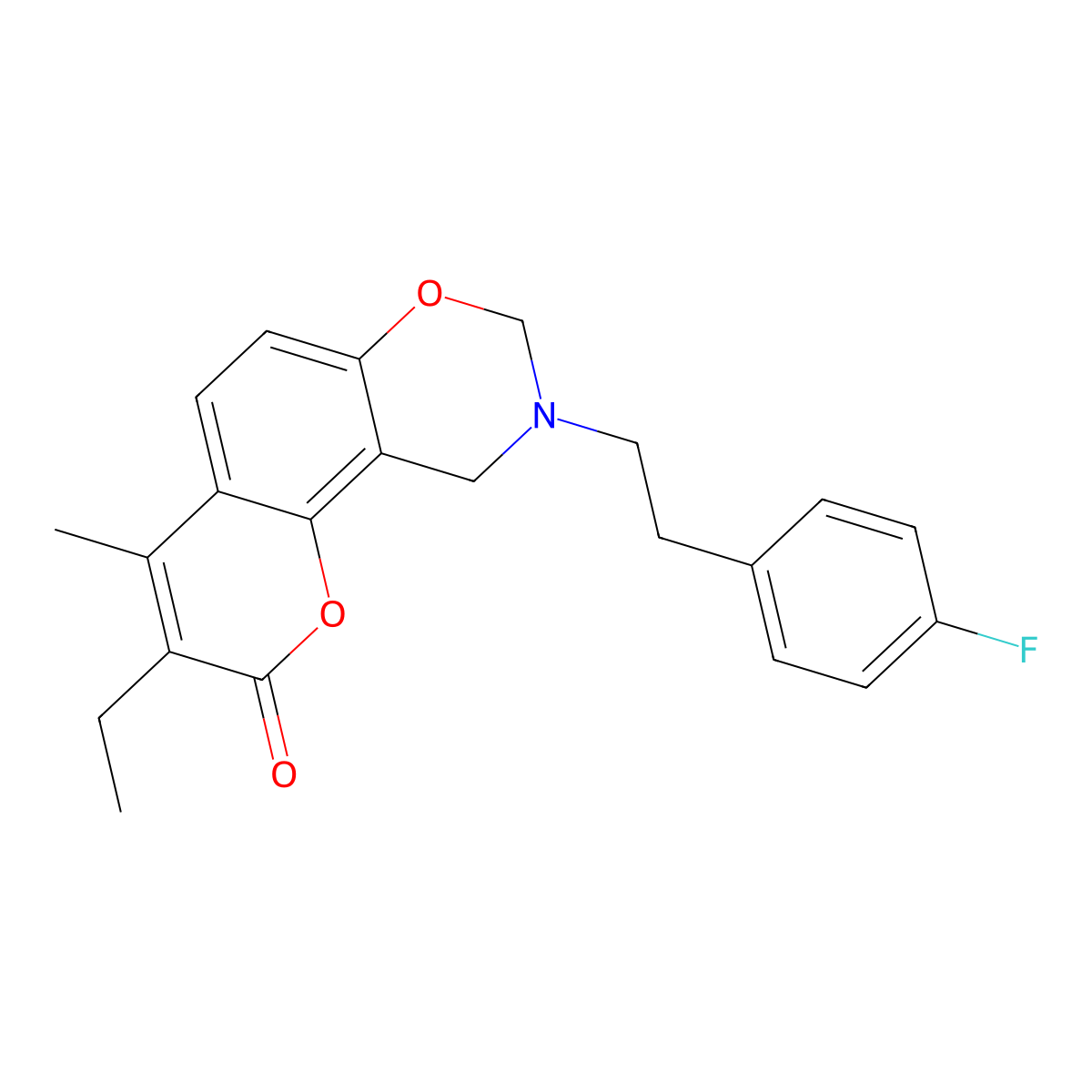 3-ethyl-9-[2-(4-fluorophenyl)ethyl]-4-methyl-9,10-dihydro-2H,8H-chromeno[8,7-e][1,3]oxazin-2-one molecular structure, CAS 849016-82-6