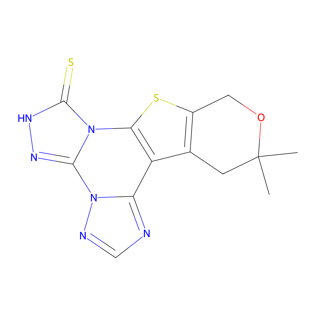 12,12-dimethyl-12,13-dihydro-10H-pyrano[4',3':4,5]thieno[3,2-e]di[1,2,4]triazolo[4,3-a:1,5-c]pyrimidine-7(6H)-thione molecular structure, CAS 849018-58-2