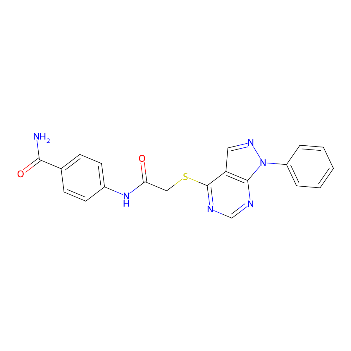 4-(2-((1-phenyl-1H-pyrazolo[3,4-d]pyrimidin-4-yl)thio)acetamido)benzamide molecular structure, CAS 849018-97-9