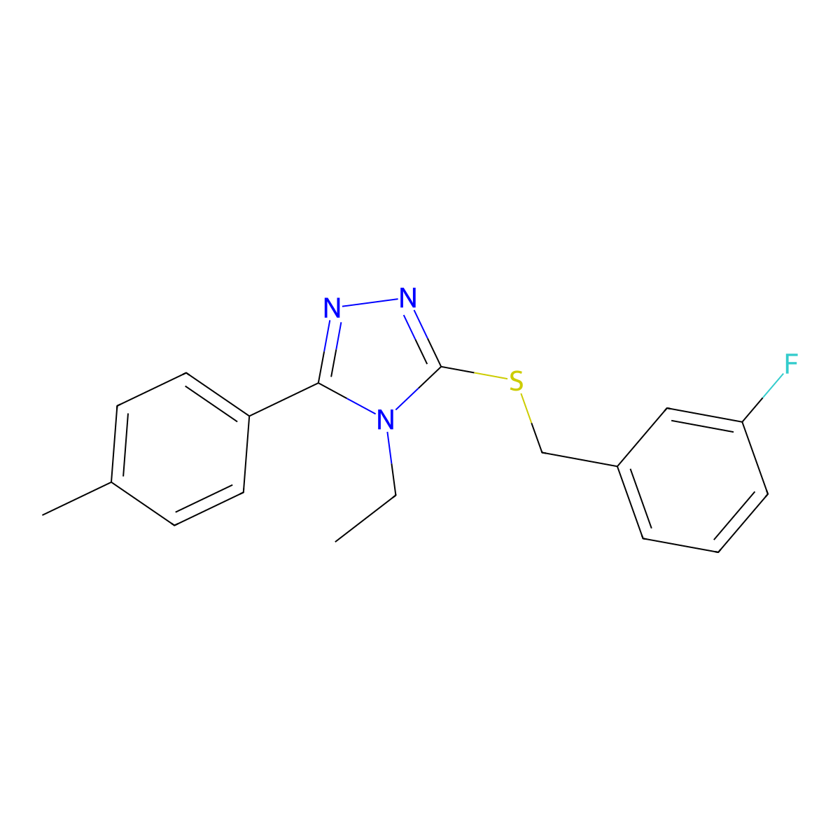 4-Ethyl-3-[(3-fluorophenyl)methylsulfanyl]-5-(4-methylphenyl)-1,2,4-triazole molecular structure, CAS 849028-10-0