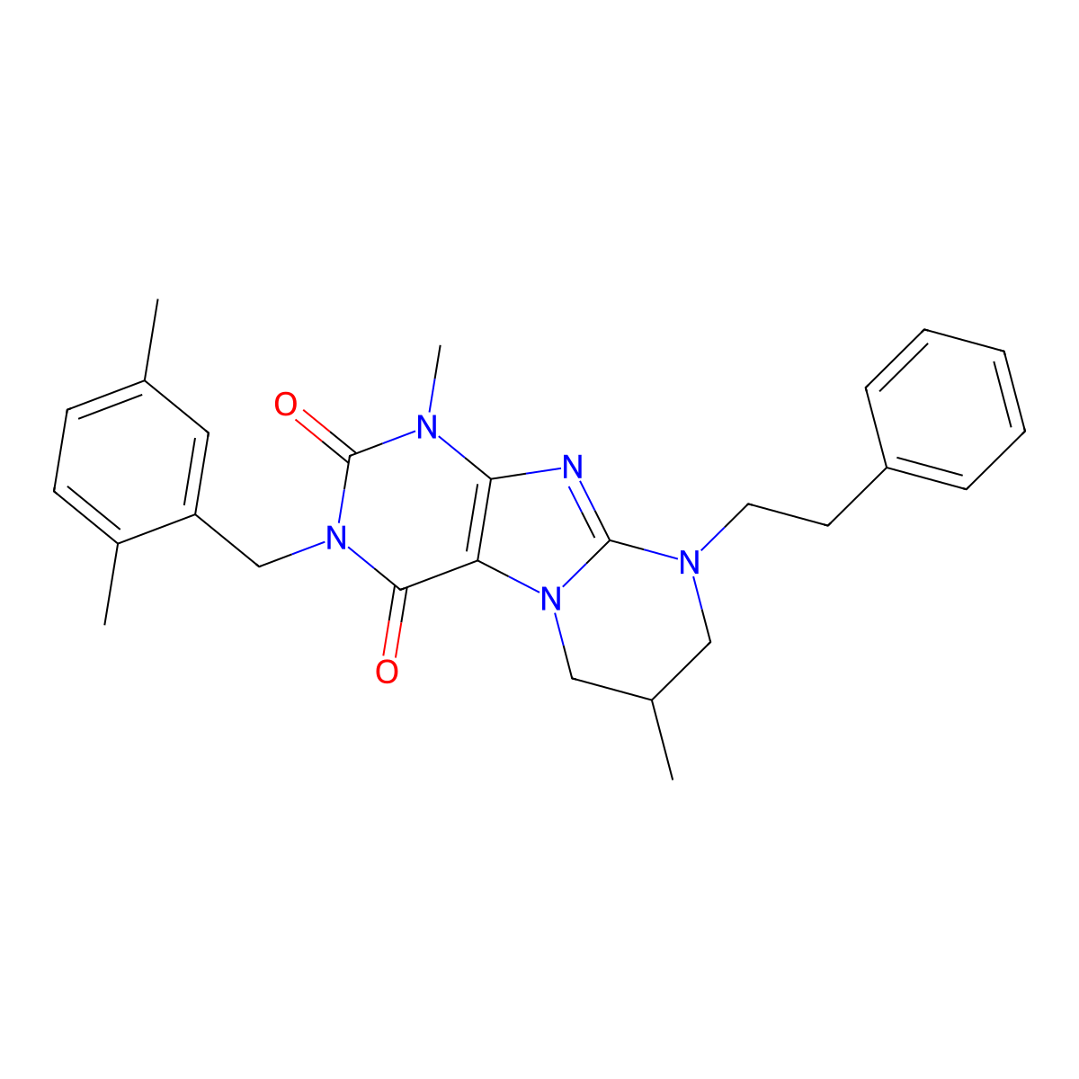 3-(2,5-dimethylbenzyl)-1,7-dimethyl-9-(2-phenylethyl)-6,7,8,9-tetrahydropyrimido[2,1-f]purine-2,4(1H,3H)-dione molecular structure, CAS 849028-28-0