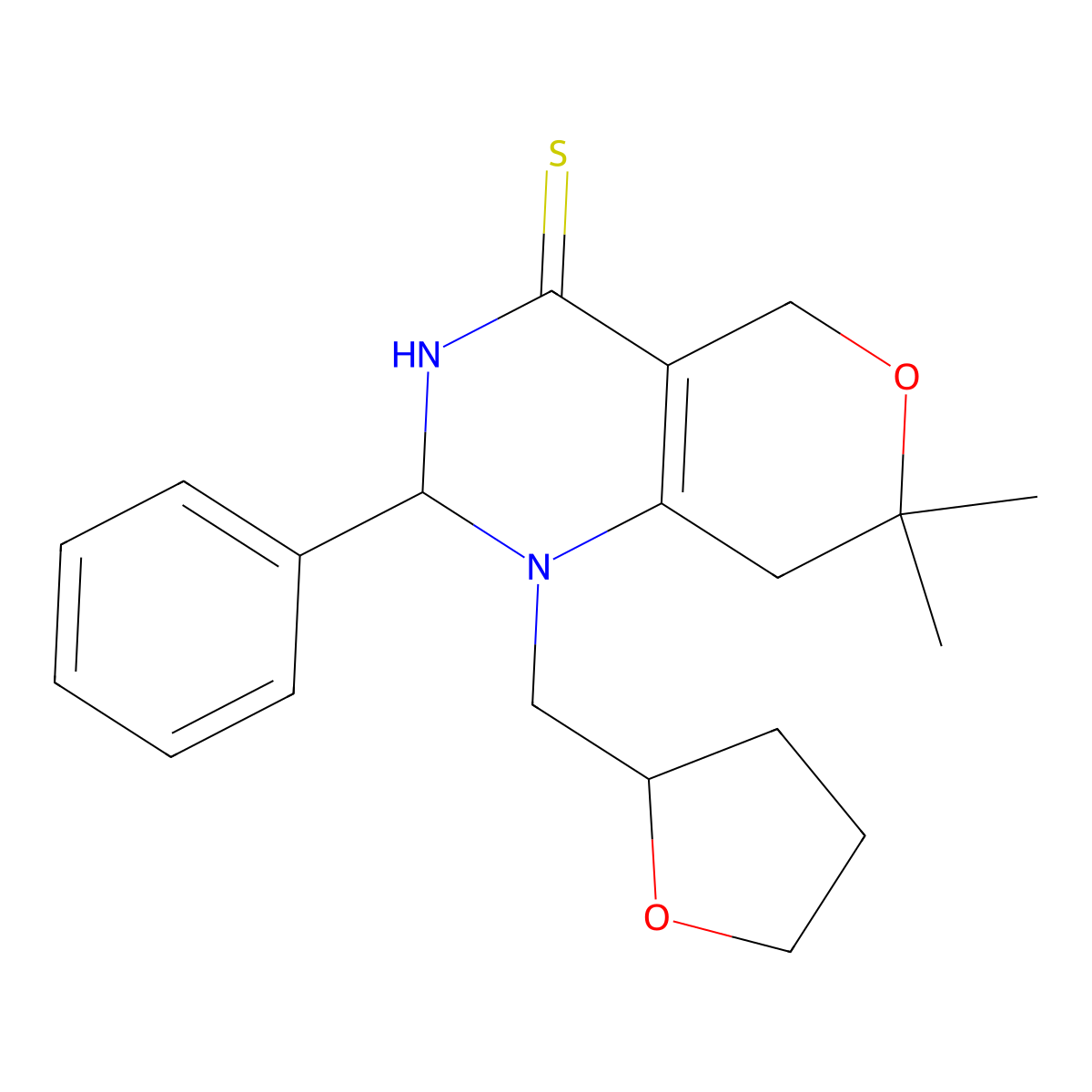 7,7-Dimethyl-1-(oxolan-2-ylmethyl)-2-phenyl-2,3,5,8-tetrahydropyrano[4,3-d]pyrimidine-4-thione molecular structure, CAS 849030-63-3