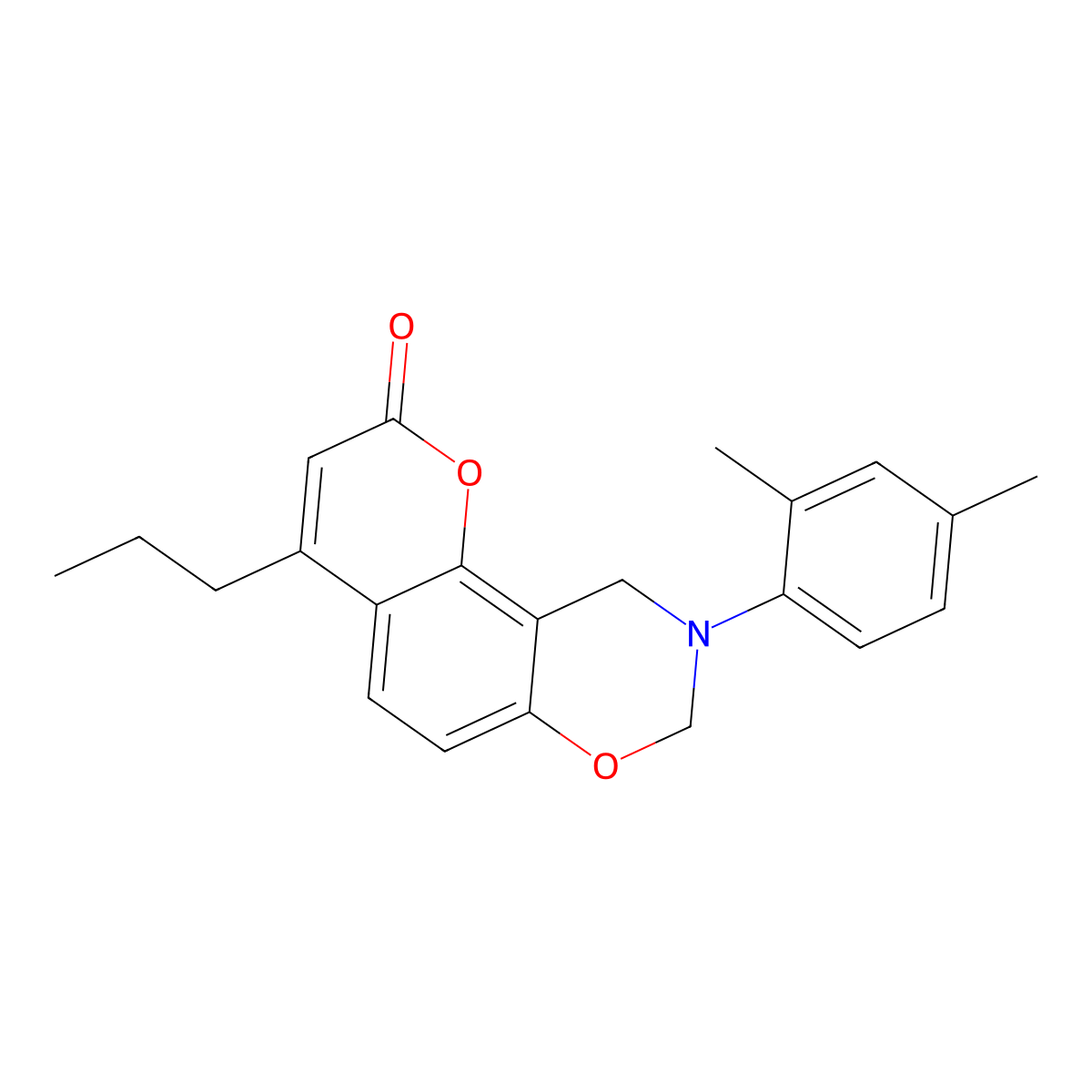 9-(2,4-dimethylphenyl)-4-propyl-9,10-dihydro-2H,8H-chromeno[8,7-e][1,3]oxazin-2-one molecular structure, CAS 849032-54-8