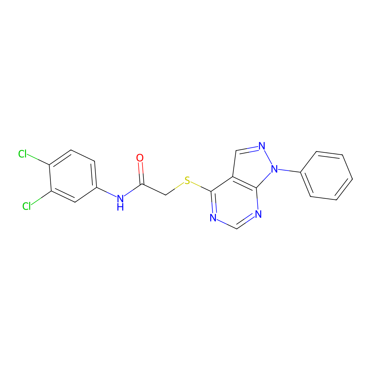N-(3,4-dichlorophenyl)-2-((1-phenyl-1H-pyrazolo[3,4-d]pyrimidin-4-yl)thio)acetamide molecular structure, CAS 849032-61-7