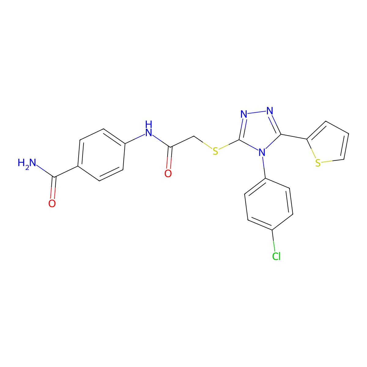 4-[({[4-(4-chlorophenyl)-5-(thiophen-2-yl)-4H-1,2,4-triazol-3-yl]sulfanyl}acetyl)amino]benzamide molecular structure, CAS 849033-54-1