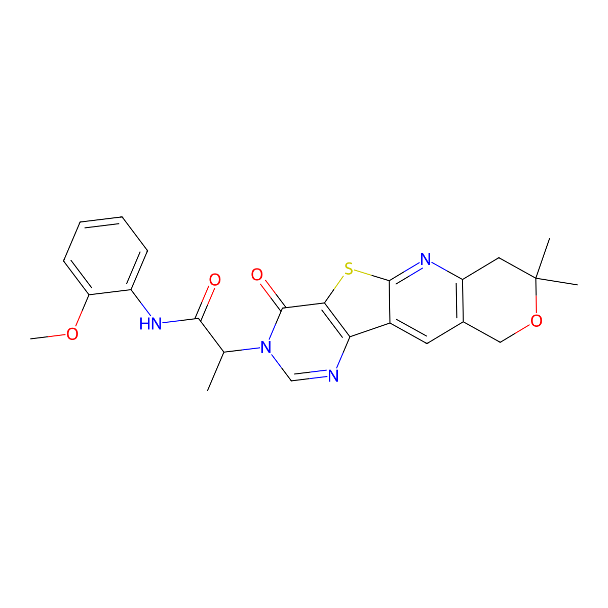 2-(8,8-dimethyl-4-oxo-7,10-dihydro-8H-pyrano[3'',4'':5',6']pyrido[3',2':4,5]thieno[3,2-d]pyrimidin-3(4H)-yl)-N-(2-methoxyphenyl)propanamide molecular structure, CAS 849034-64-6