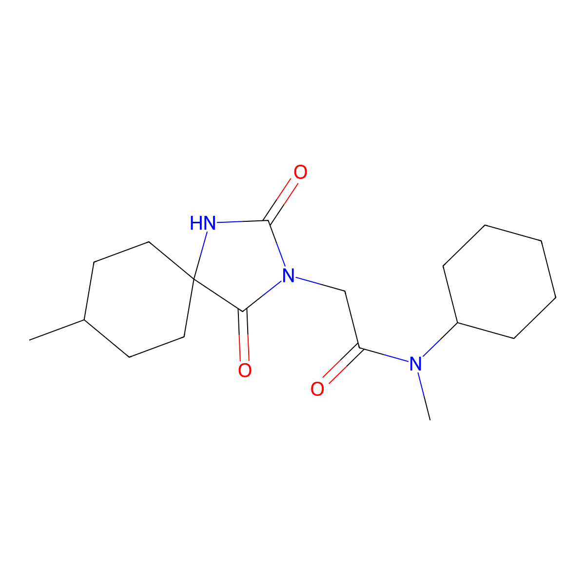 N-cyclohexyl-N-methyl-2-(8-methyl-2,4-dioxo-1,3-diazaspiro[4.5]decan-3-yl)acetamide molecular structure, CAS 849055-29-4