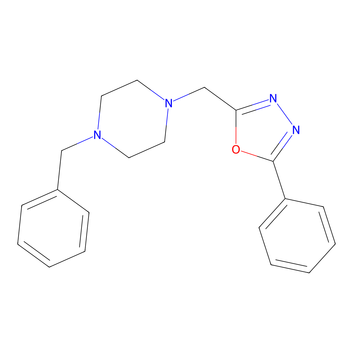 1-Benzyl-4-[(5-phenyl-1,3,4-oxadiazol-2-yl)methyl]piperazine molecular structure, CAS 849055-36-3