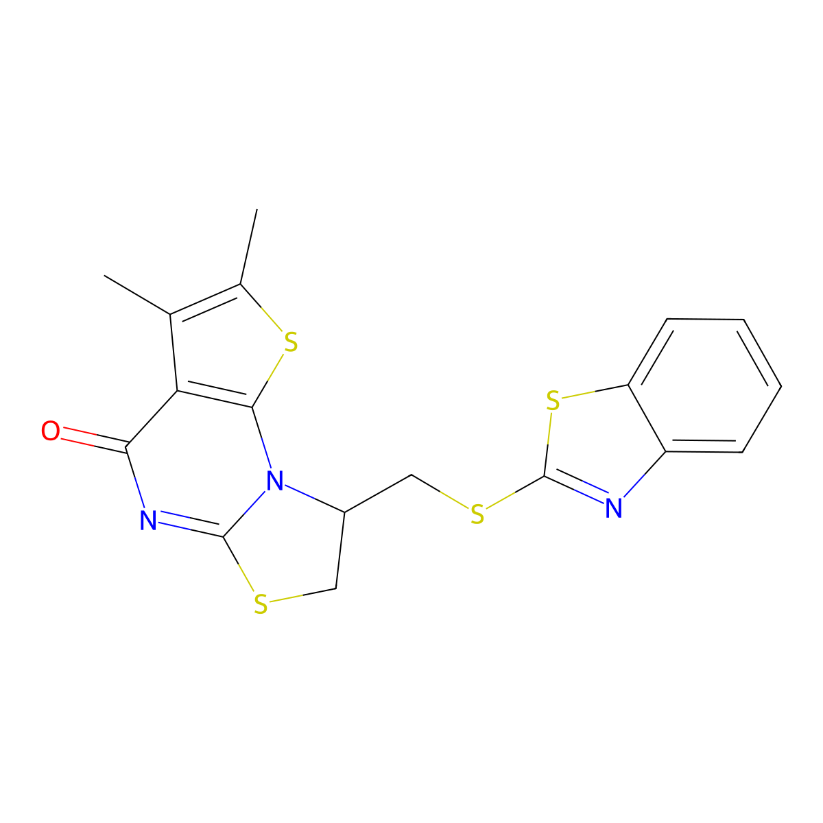 1-(benzothiazol-2-ylthiomethyl)-6,7-dimethyl-9-hydro-1H,2H-1,3-thiazolidino[3, 2-a]thiopheno[3,2-e]pyrimidin-5-one molecular structure, CAS 849065-79-8