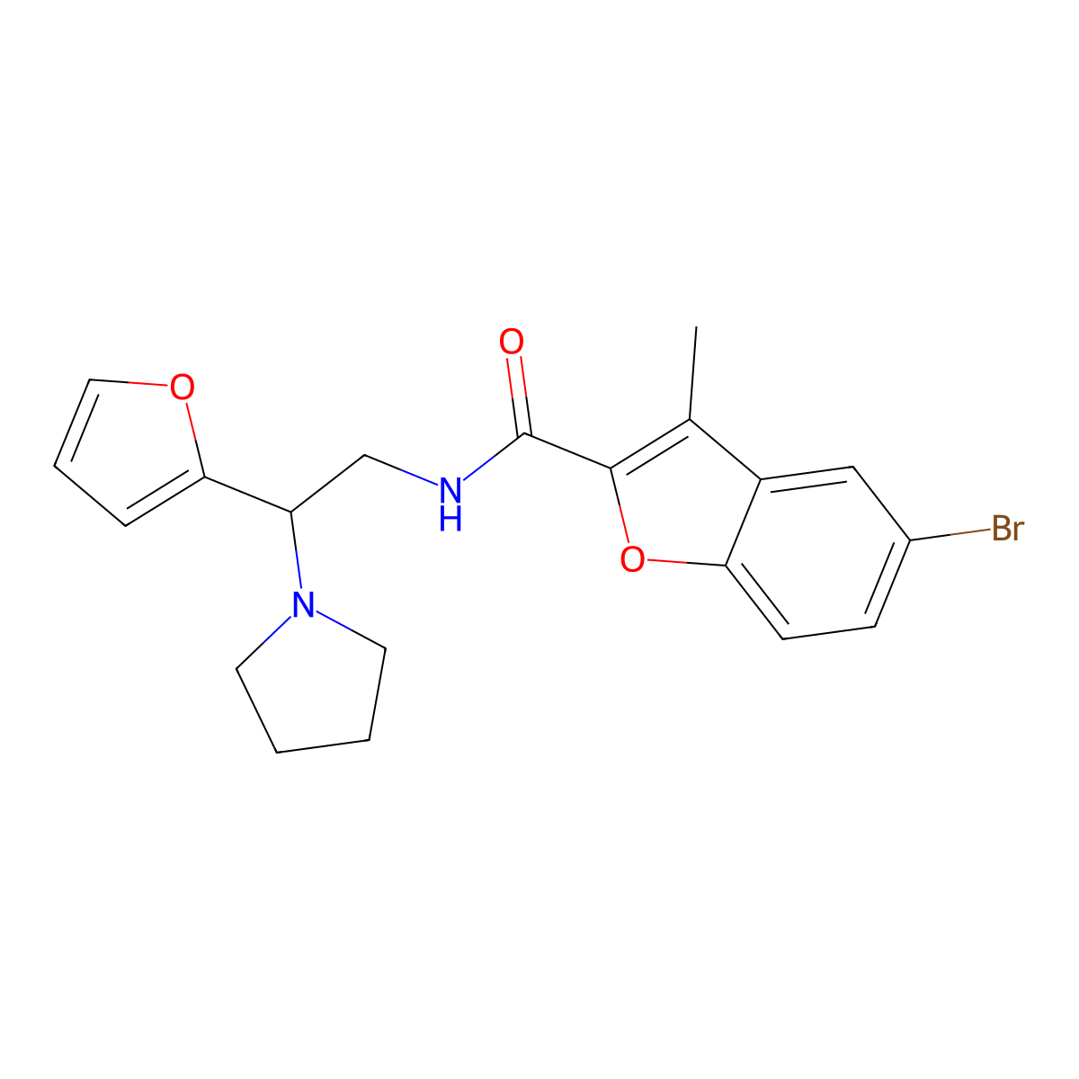 5-bromo-N-[2-(furan-2-yl)-2-(pyrrolidin-1-yl)ethyl]-3-methyl-1-benzofuran-2-carboxamide molecular structure, CAS 849136-63-6