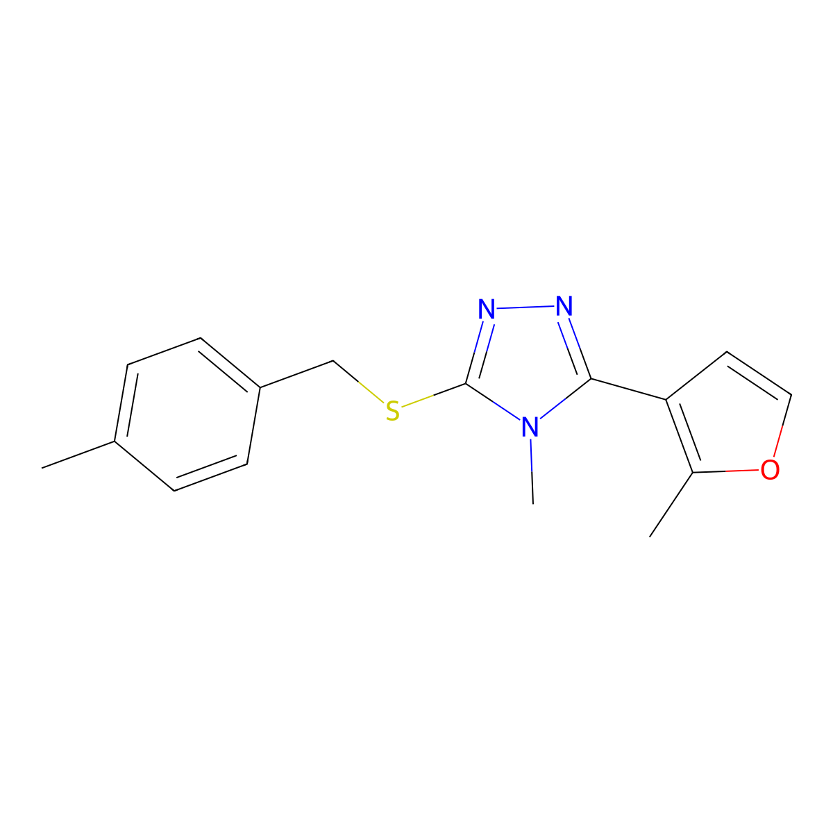 4-Methyl-3-(2-methylfuran-3-yl)-5-[(4-methylphenyl)methylsulfanyl]-1,2,4-triazole molecular structure, CAS 849142-58-1