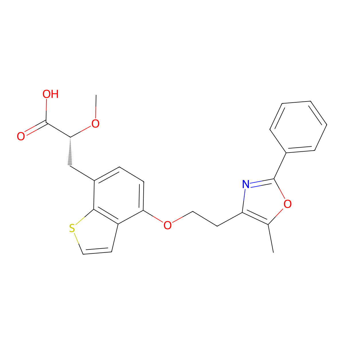 Benzo[b]thiophene-7-propanoic acid, alpha-methoxy-4-[2-(5-methyl-2-phenyl-4-oxazolyl)ethoxy]-, (alphaR)- molecular structure, CAS 849150-59-0