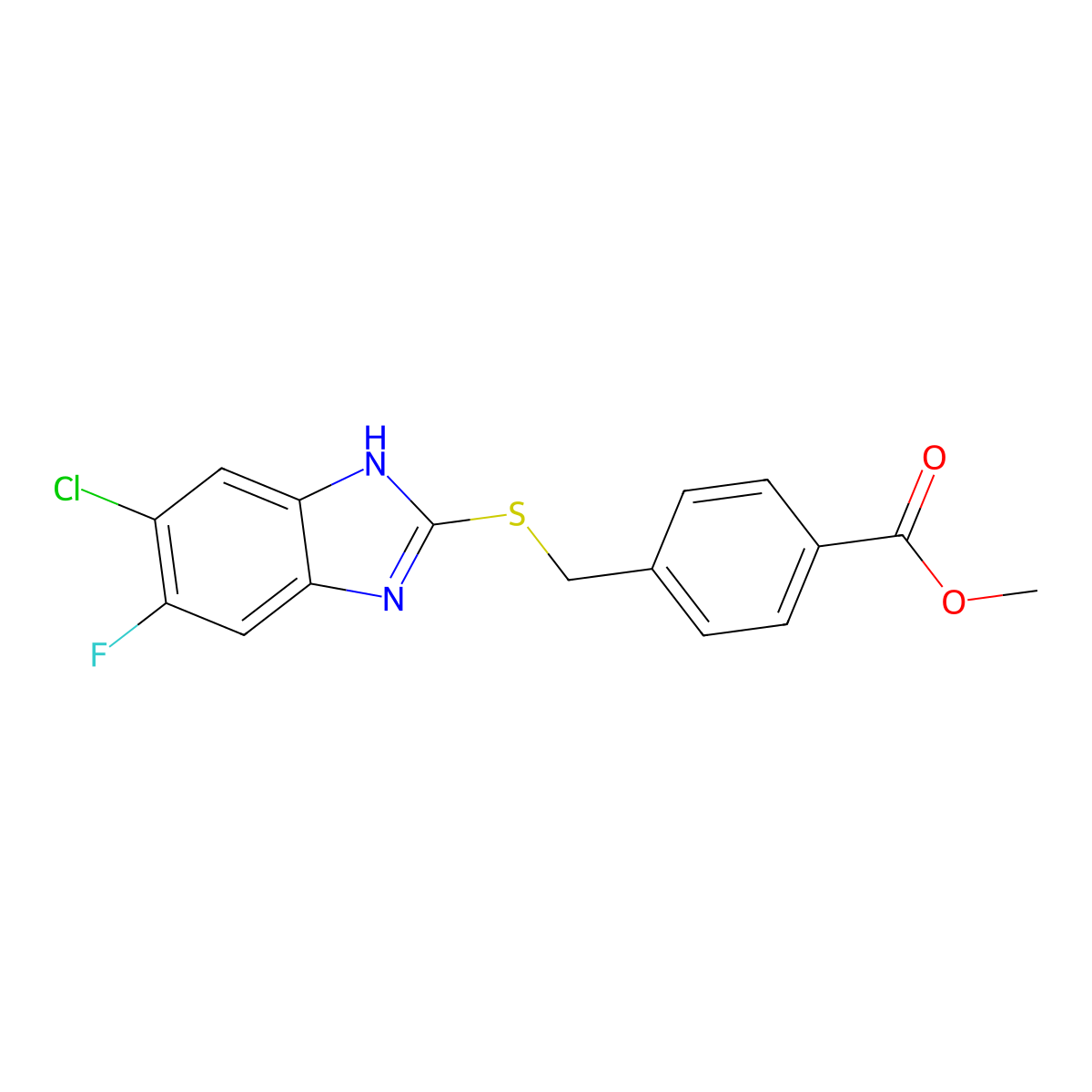 Methyl 4-(((6-chloro-5-fluoro-1H-benzo[d]imidazol-2-yl)thio)methyl)benzoate molecular structure, CAS 849235-73-0