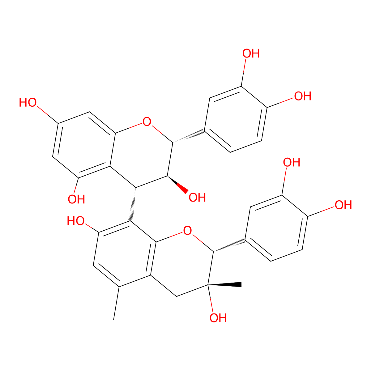 (2R,3S,4S)-2-(3,4-dihydroxyphenyl)-4-[(2R,3R)-2-(3,4-dihydroxyphenyl)-3,7-dihydroxy-3,5-dimethyl-2,4-dihydrochromen-8-yl]-3,4-dihydro-2H-chromene-3,5,7-triol molecular structure, CAS 84929-27-1