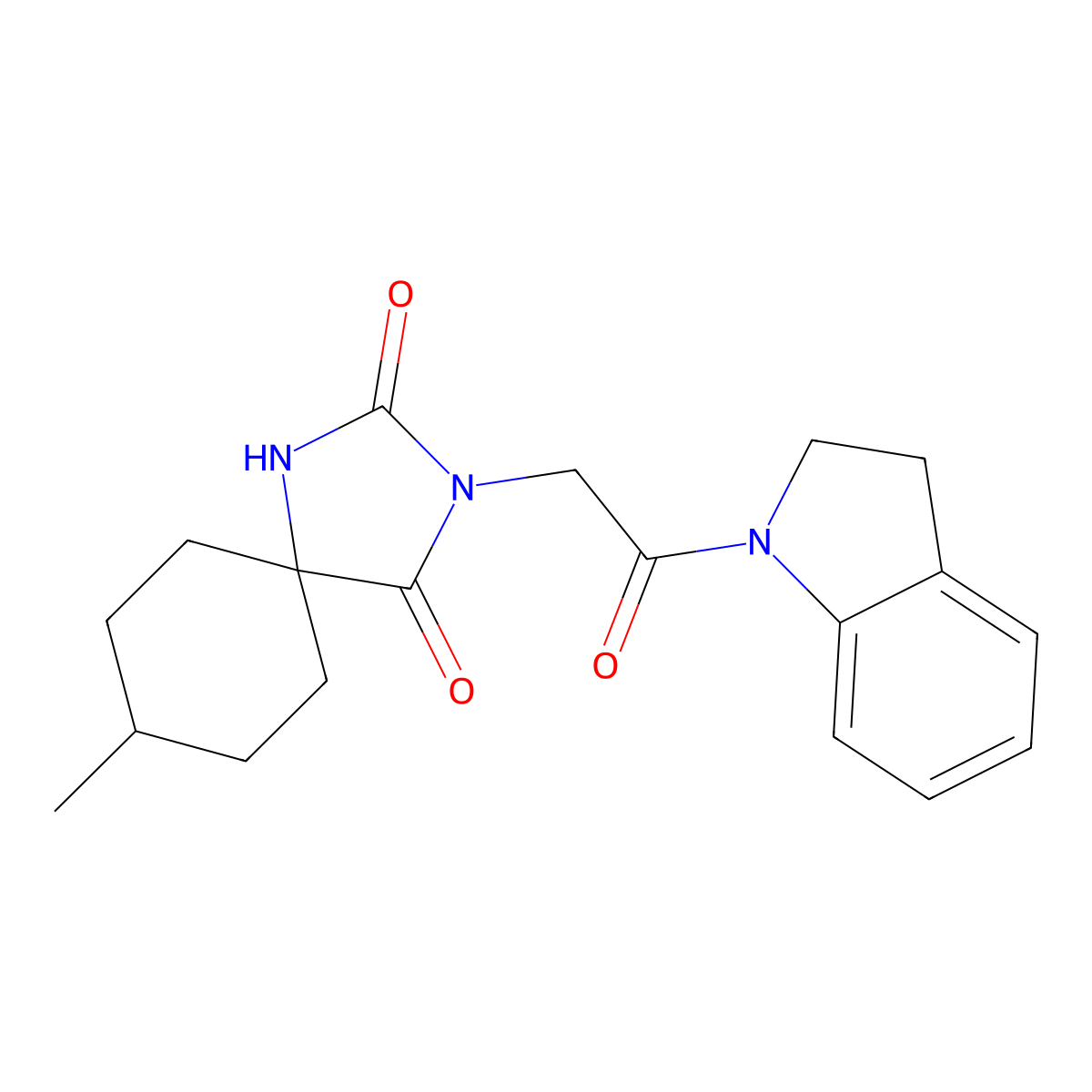 3-[2-(2,3-dihydro-1H-indol-1-yl)-2-oxoethyl]-8-methyl-1,3-diazaspiro[4.5]decane-2,4-dione molecular structure, CAS 849458-65-7