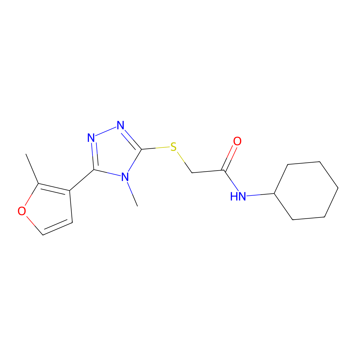 N-cyclohexyl-2-[[4-methyl-5-(2-methylfuran-3-yl)-1,2,4-triazol-3-yl]sulfanyl]acetamide molecular structure, CAS 849513-34-4