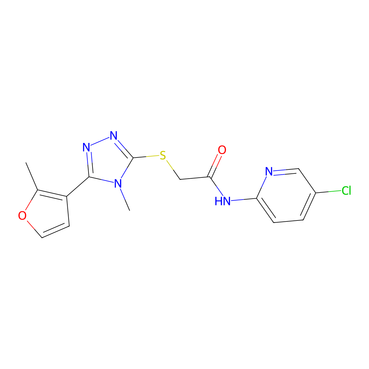 N-(5-chloropyridin-2-yl)-2-[[4-methyl-5-(2-methylfuran-3-yl)-1,2,4-triazol-3-yl]sulfanyl]acetamide molecular structure, CAS 849538-74-5