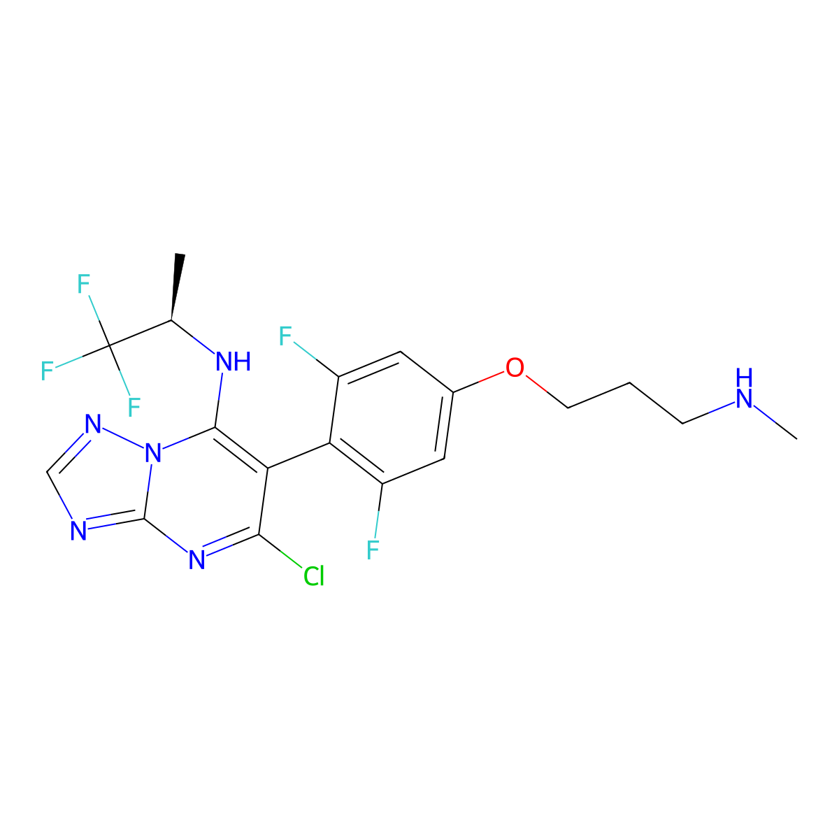 (R)-5-Chloro-6-(2,6-difluoro-4-(3-(methylamino)propoxy)phenyl)-N-(1,1,1-trifluoropropan-2-yl)-[1,2,4]triazolo[1,5-a]pyrimidin-7-amine molecular structure, CAS 849550-36-3