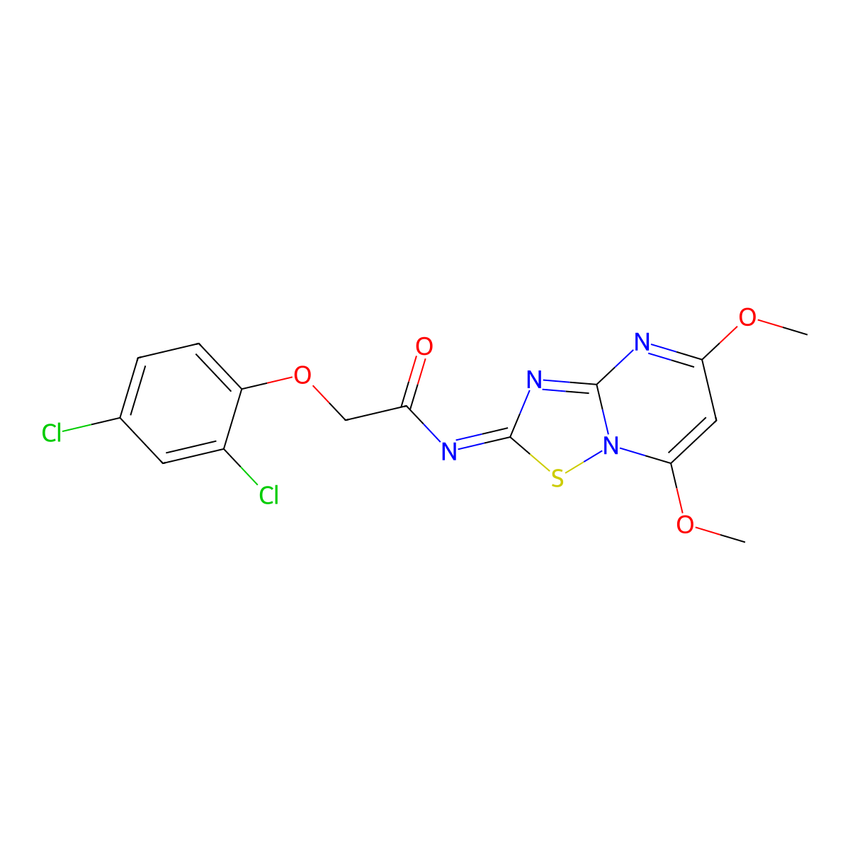 (E)-2-(2,4-Dichlorophenoxy)-N-(5,7-dimethoxy-2H-[1,2,4]thiadiazolo[2,3-a]pyrimidin-2-ylidene)acetamide molecular structure, CAS 849598-33-0