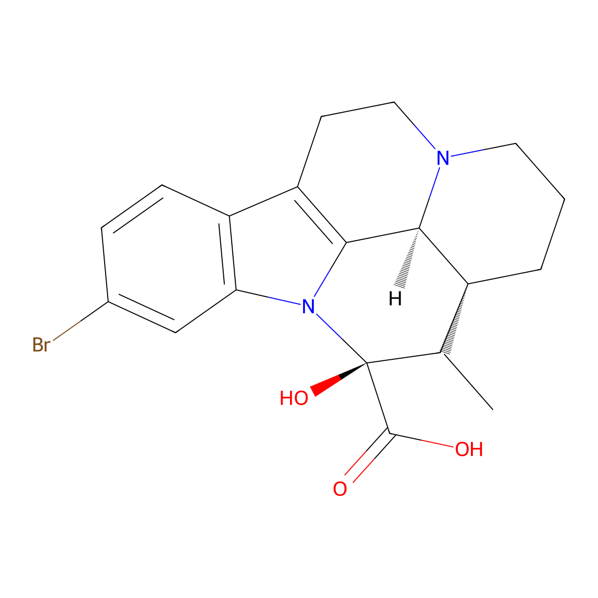 Eburnamenine-14-carboxylic acid, 11-bromo-14,15-dihydro-14-hydroxy-, (3alpha,14beta,16alpha)- molecular structure, CAS 84964-13-6