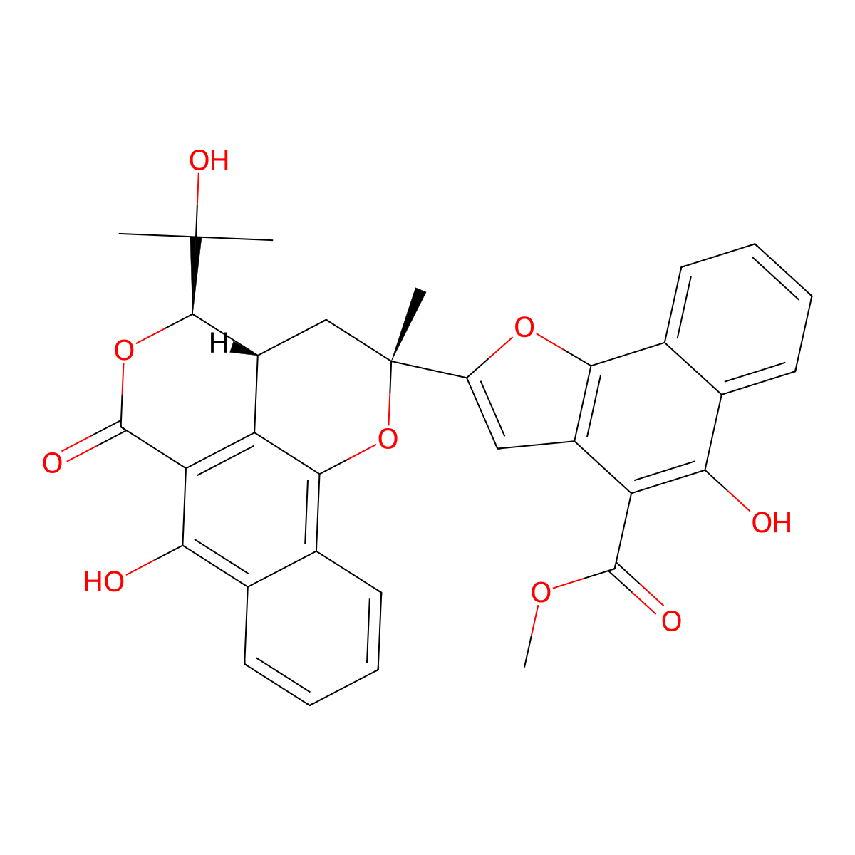 Naphtho(1,2-b)furan-4-carboxylic acid, 5-hydroxy-2-((2R,3aR,4R)-2,3,3a,6-tetrahydro-7-hydroxy-4-(1-hydroxy-1-methylethyl)-2-methyl-6-oxo-4H-benzo(h)pyrano(3,4,5-de)-1-benzopyran-2-yl)-, methyl ester, rel- molecular structure, CAS 849699-55-4