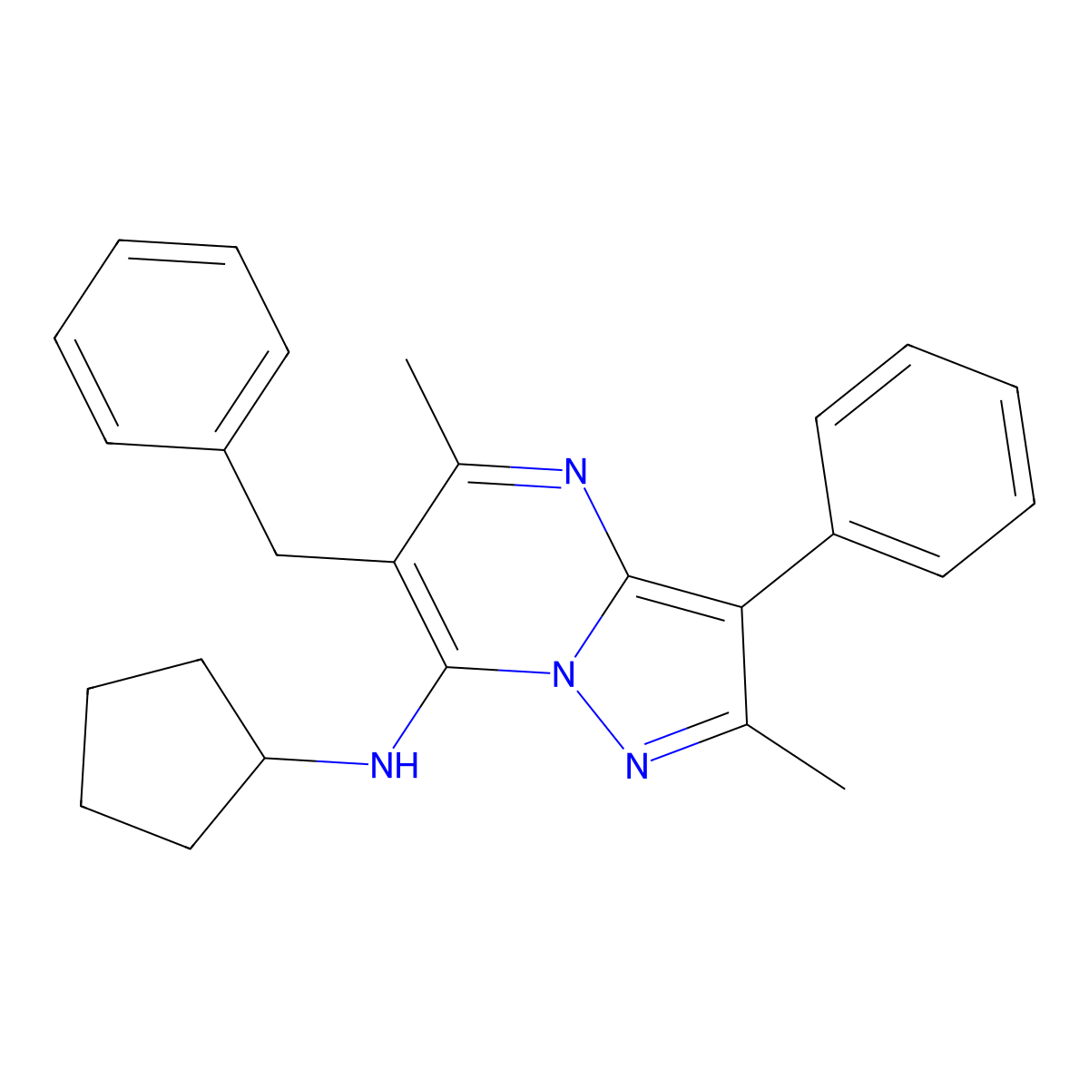 6-benzyl-N-cyclopentyl-2,5-dimethyl-3-phenylpyrazolo[1,5-a]pyrimidin-7-amine molecular structure, CAS 849828-35-9