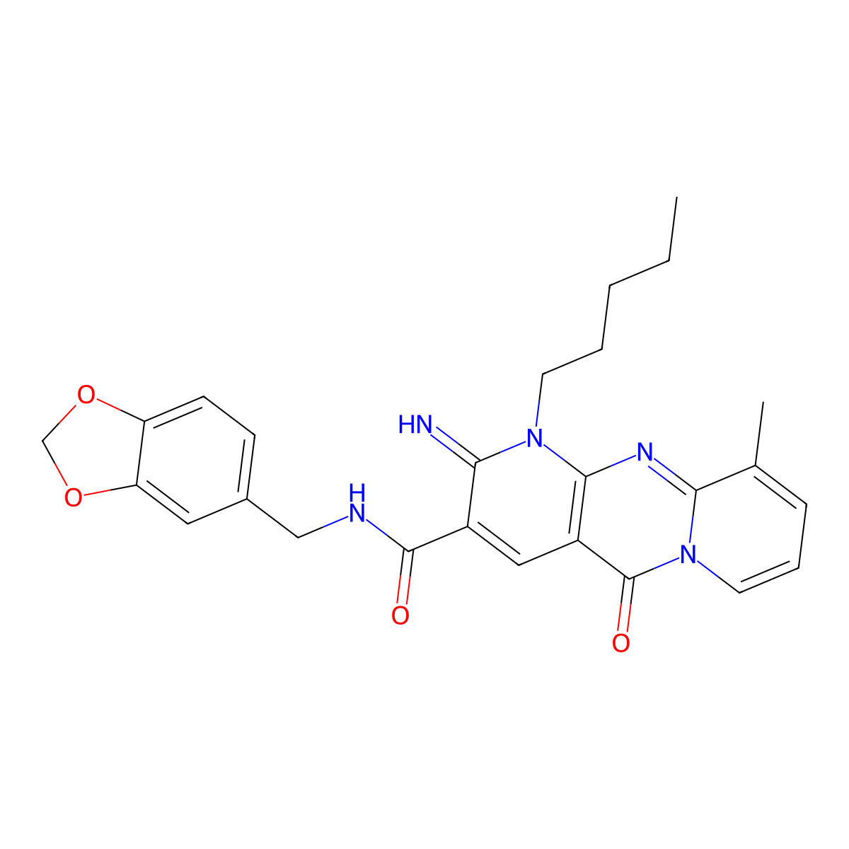N-(1,3-benzodioxol-5-ylmethyl)-2-imino-10-methyl-5-oxo-1-pentyl-1,5-dihydro-2H-dipyrido[1,2-a:2',3'-d]pyrimidine-3-carboxamide molecular structure, CAS 849828-75-7