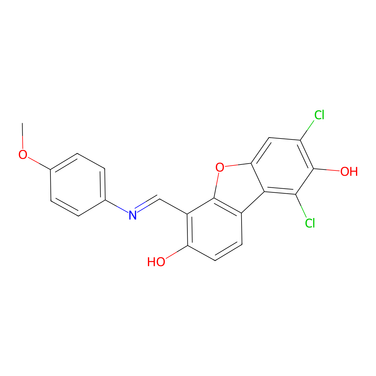 (4Z)-7,9-dichloro-8-hydroxy-4-[(4-methoxyanilino)methylidene]dibenzofuran-3-one molecular structure, CAS 84989-99-1