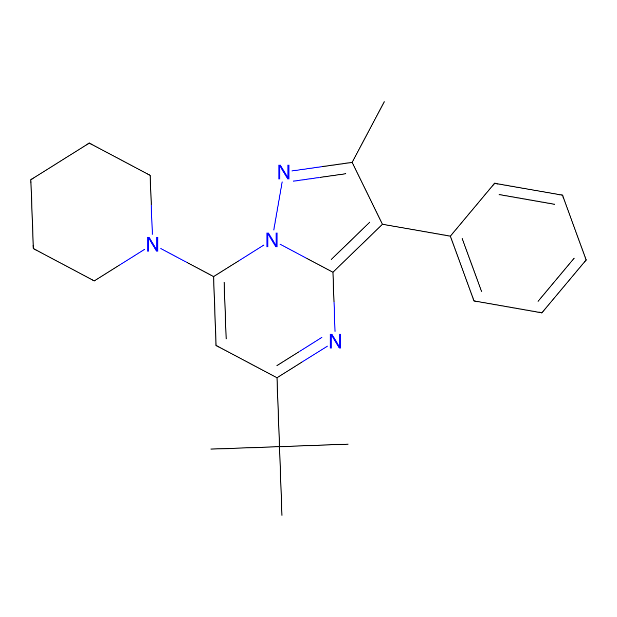 5-Tert-butyl-2-methyl-3-phenyl-7-piperidin-1-ylpyrazolo[1,5-a]pyrimidine molecular structure, CAS 849910-44-7