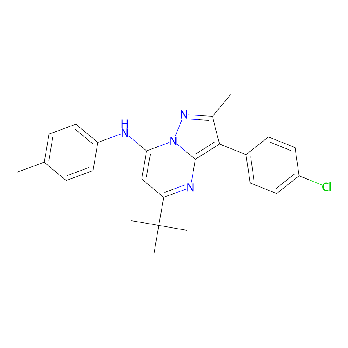 5-tert-butyl-3-(4-chlorophenyl)-2-methyl-N-(4-methylphenyl)pyrazolo[1,5-a]pyrimidin-7-amine molecular structure, CAS 849910-80-1