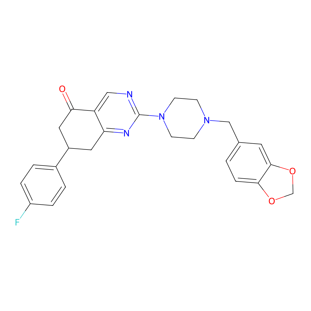 2-[4-(1,3-benzodioxol-5-ylmethyl)piperazin-1-yl]-7-(4-fluorophenyl)-7,8-dihydroquinazolin-5(6H)-one molecular structure, CAS 849911-36-0