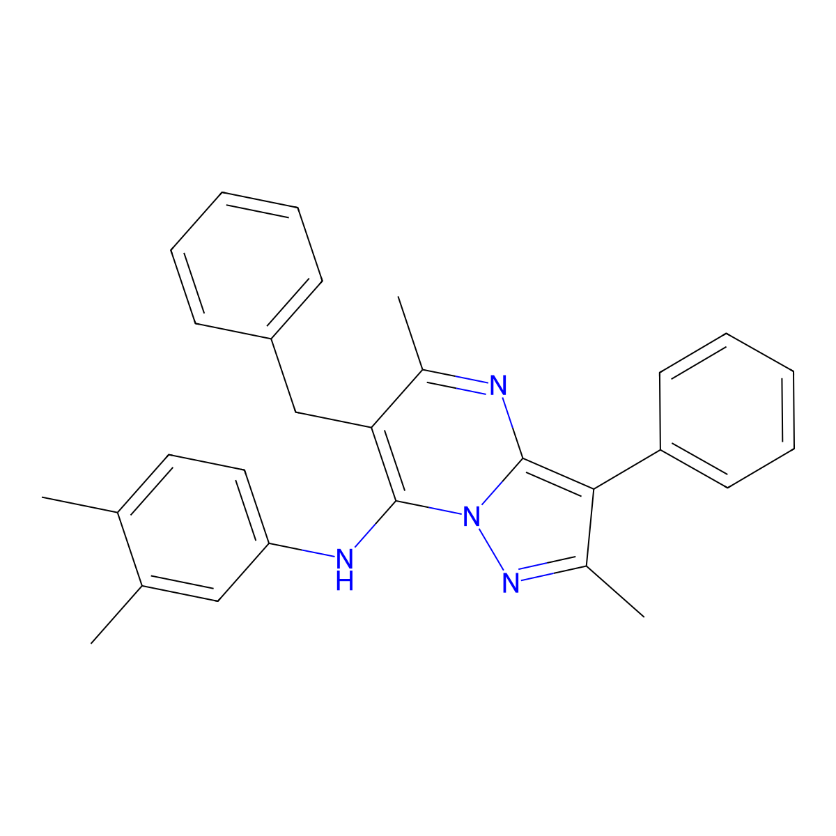 6-benzyl-N-(3,4-dimethylphenyl)-2,5-dimethyl-3-phenylpyrazolo[1,5-a]pyrimidin-7-amine molecular structure, CAS 849911-49-5