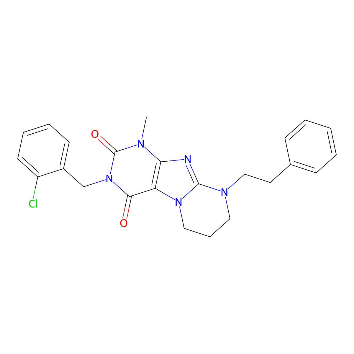 3-(2-chlorobenzyl)-1-methyl-9-phenethyl-6,7,8,9-tetrahydropyrimido[2,1-f]purine-2,4(1H,3H)-dione molecular structure, CAS 849912-73-8