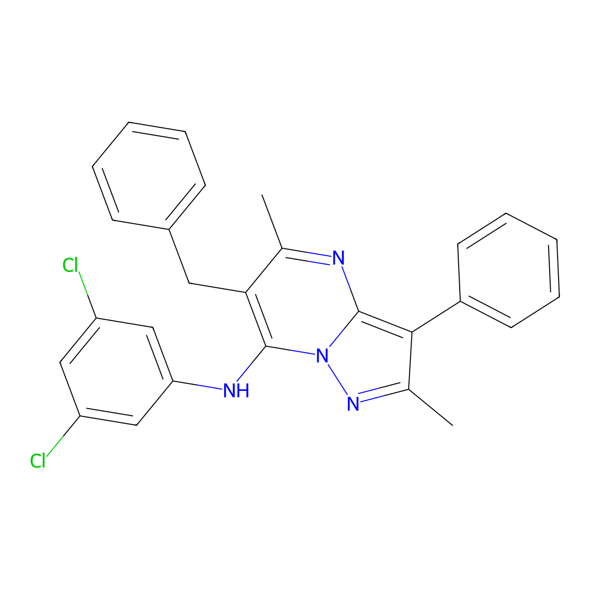 6-benzyl-N-(3,5-dichlorophenyl)-2,5-dimethyl-3-phenylpyrazolo[1,5-a]pyrimidin-7-amine molecular structure, CAS 849913-27-5
