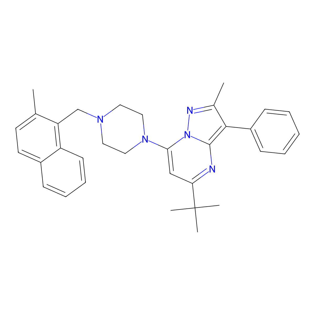 5-Tert-butyl-2-methyl-7-{4-[(2-methylnaphthalen-1-yl)methyl]piperazin-1-yl}-3-phenylpyrazolo[1,5-a]pyrimidine molecular structure, CAS 849913-45-7