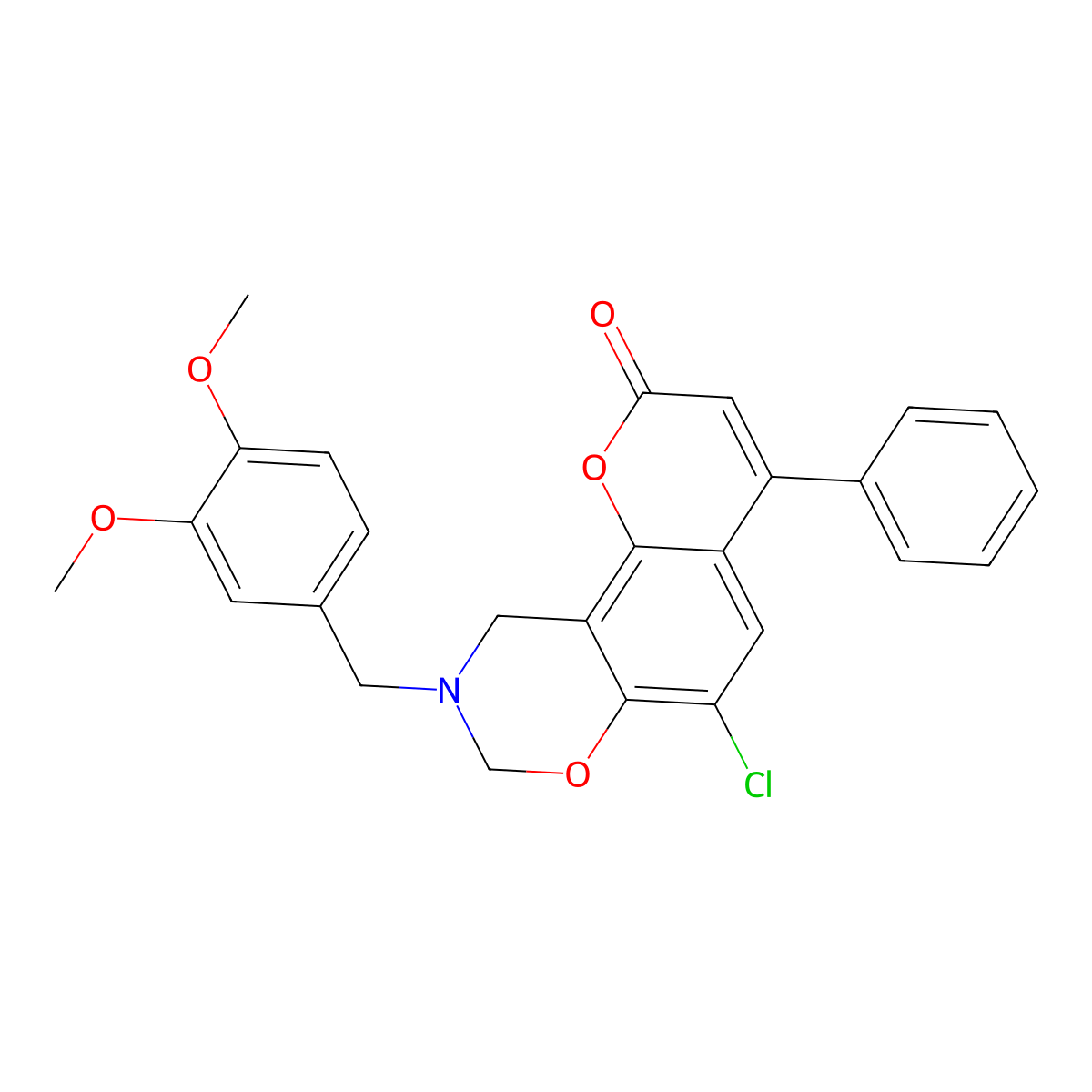 6-chloro-9-(3,4-dimethoxybenzyl)-4-phenyl-9,10-dihydro-2H,8H-chromeno[8,7-e][1,3]oxazin-2-one molecular structure, CAS 849914-29-0