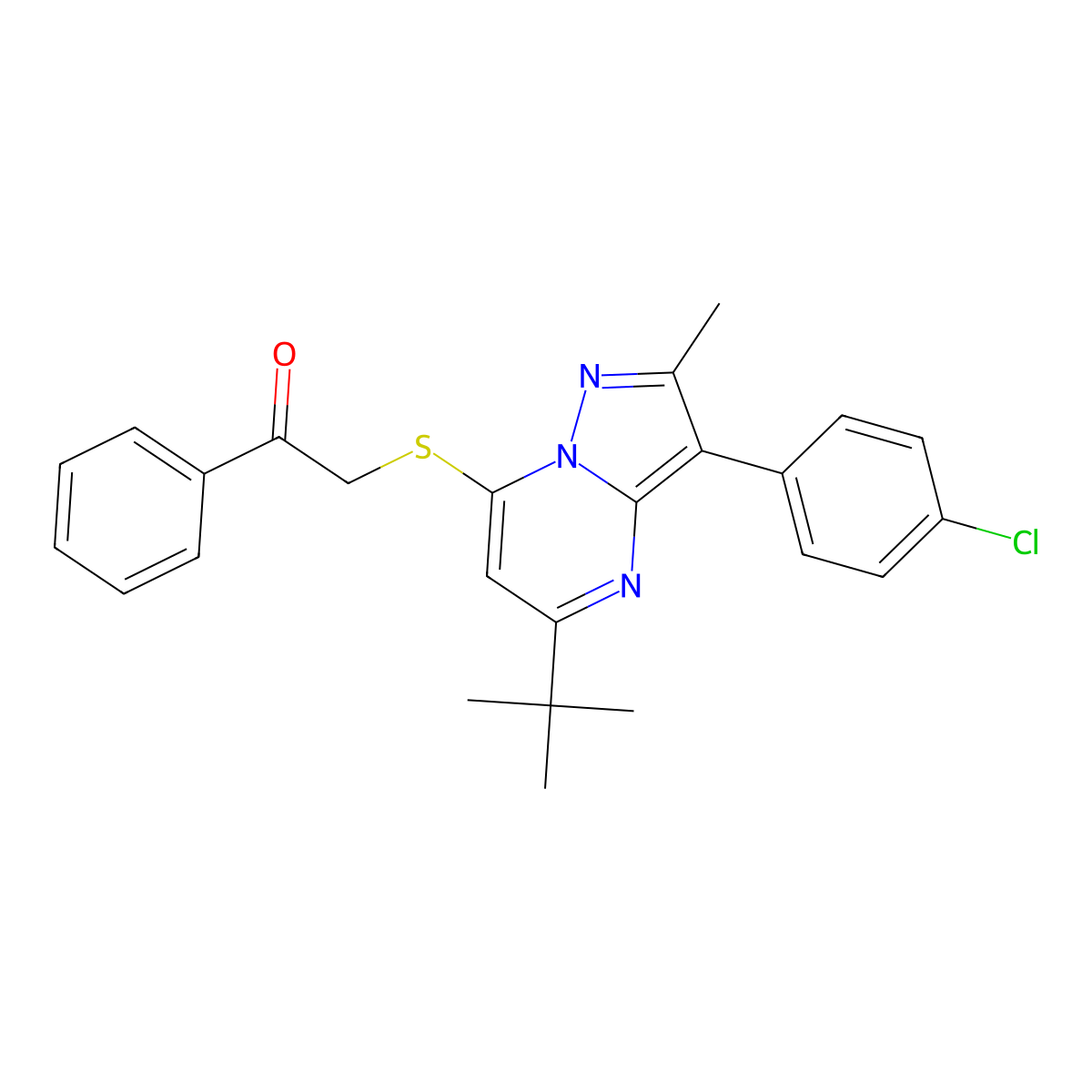 2-{[5-Tert-butyl-3-(4-chlorophenyl)-2-methylpyrazolo[1,5-a]pyrimidin-7-yl]sulfanyl}-1-phenylethanone molecular structure, CAS 849916-32-1