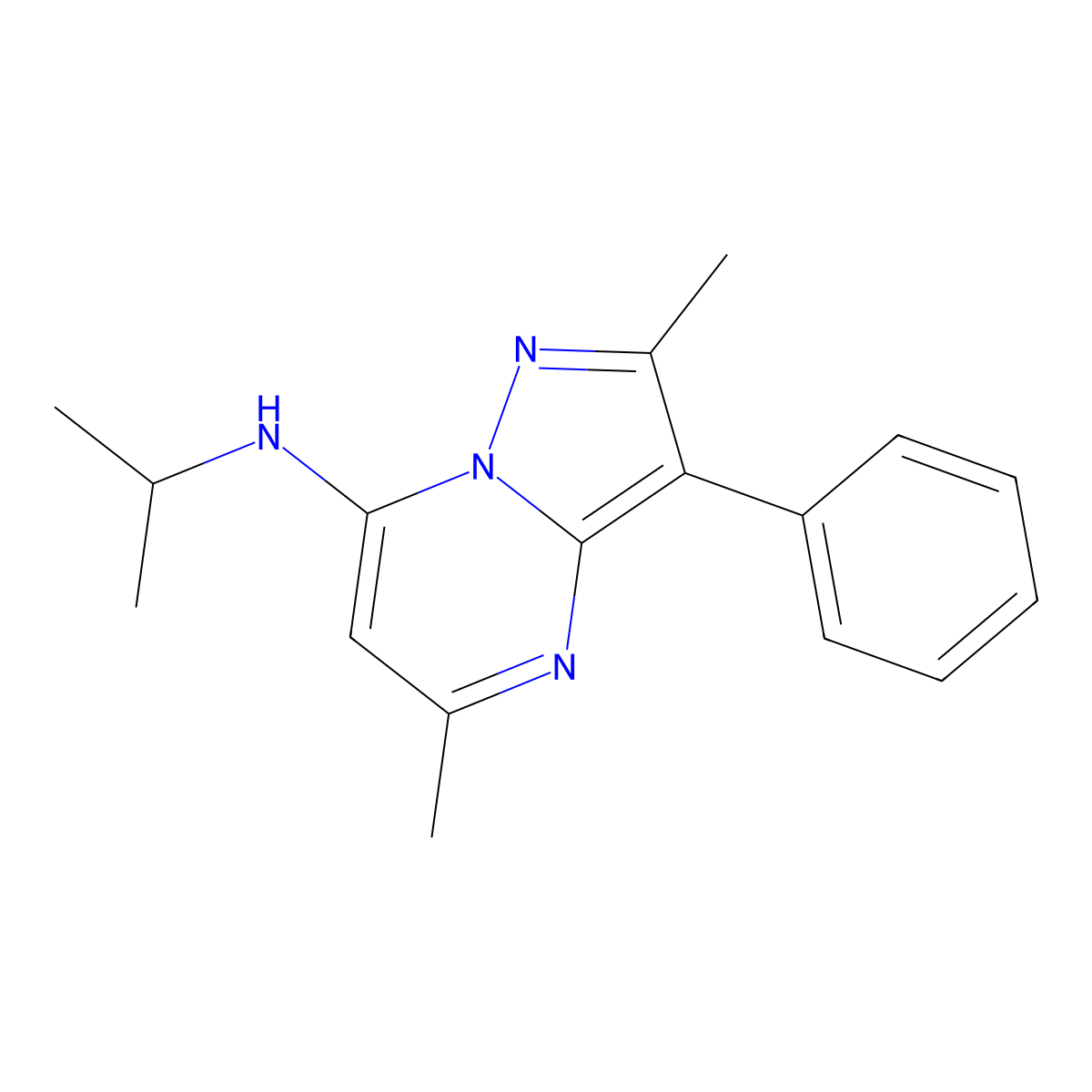 2,5-dimethyl-3-phenyl-N-(propan-2-yl)pyrazolo[1,5-a]pyrimidin-7-amine molecular structure, CAS 849916-39-8