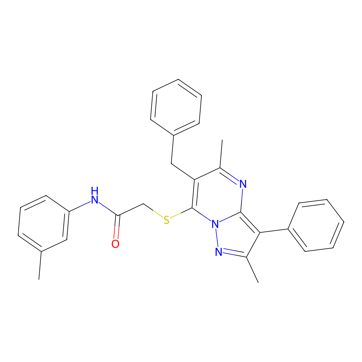 2-[(6-benzyl-2,5-dimethyl-3-phenylpyrazolo[1,5-a]pyrimidin-7-yl)sulfanyl]-N-(3-methylphenyl)acetamide molecular structure, CAS 849916-51-4