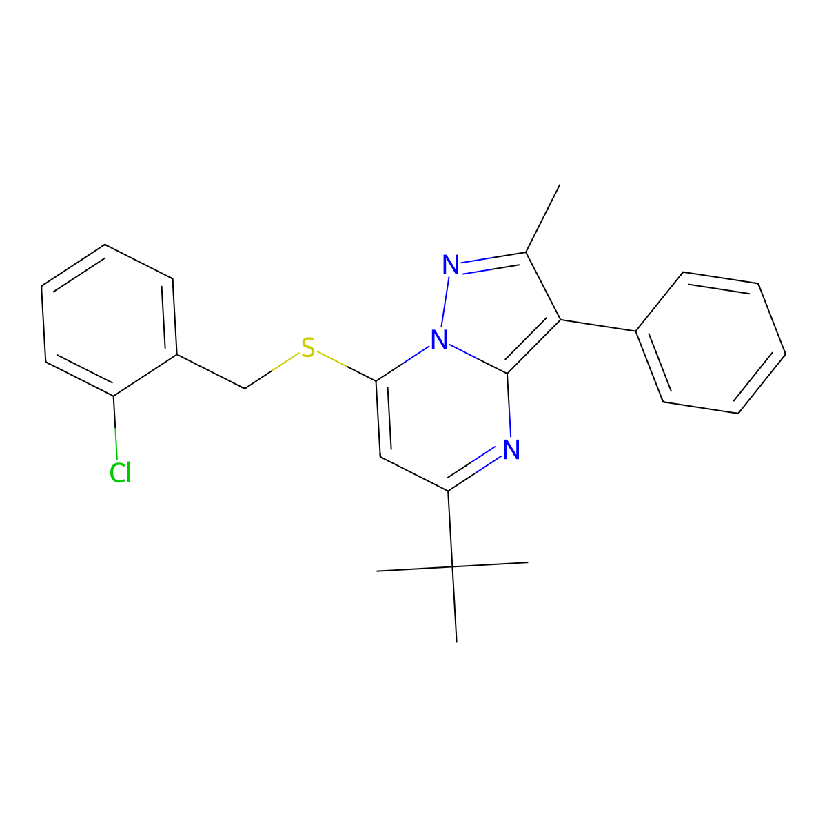 5-Tert-butyl-7-[(2-chlorobenzyl)sulfanyl]-2-methyl-3-phenylpyrazolo[1,5-a]pyrimidine molecular structure, CAS 849916-72-9