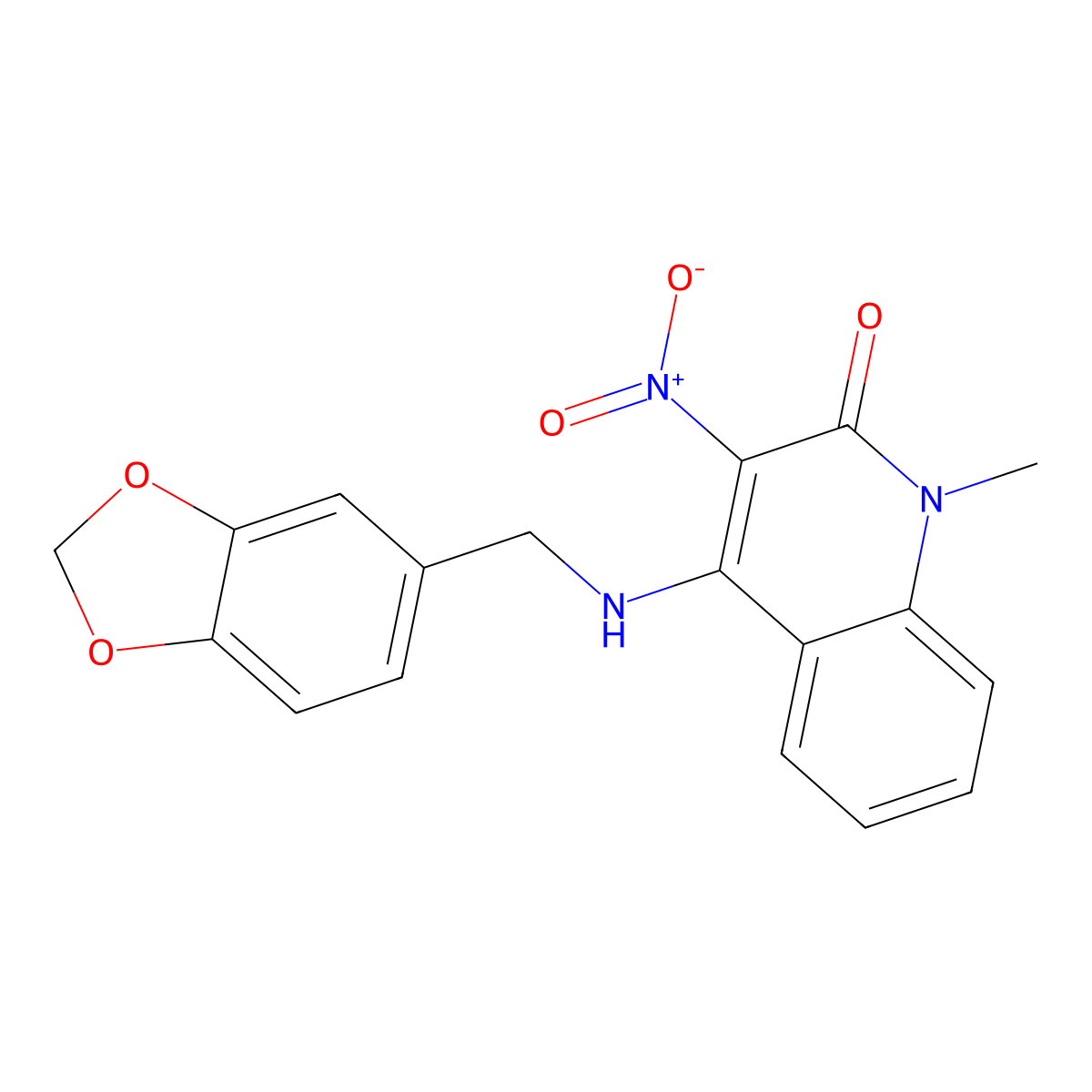 4-((benzo[d][1,3]dioxol-5-ylmethyl)amino)-1-methyl-3-nitroquinolin-2(1H)-one molecular structure, CAS 849917-22-2