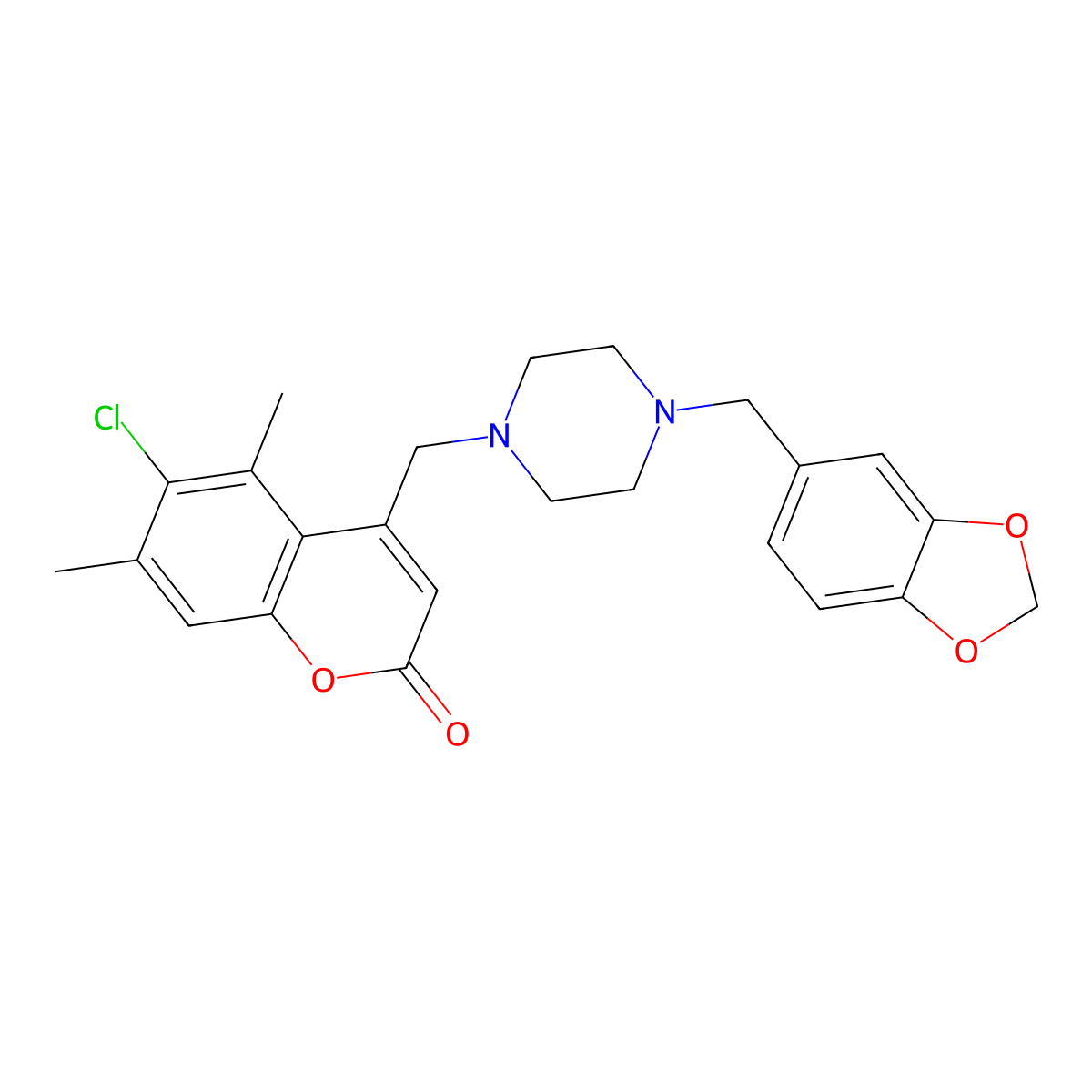 4-((4-(benzo[d][1,3]dioxol-5-ylmethyl)piperazin-1-yl)methyl)-6-chloro-5,7-dimethyl-2H-chromen-2-one molecular structure, CAS 849917-60-8
