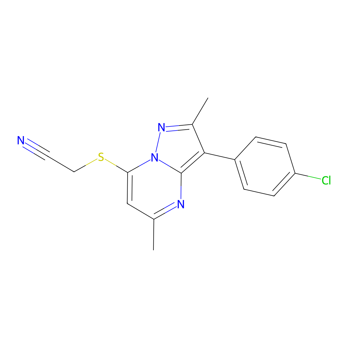 2-[3-(4-Chlorophenyl)-2,5-dimethylpyrazolo[1,5-a]pyrimidin-7-yl]sulfanylacetonitrile molecular structure, CAS 849918-19-0