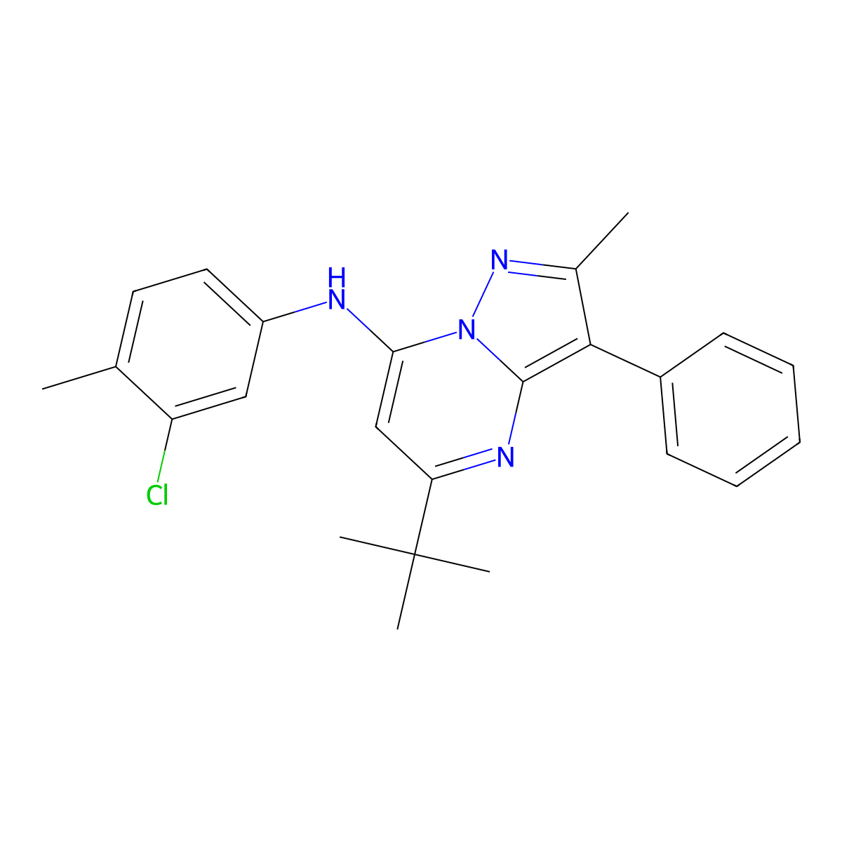 5-tert-butyl-N-(3-chloro-4-methylphenyl)-2-methyl-3-phenylpyrazolo[1,5-a]pyrimidin-7-amine molecular structure, CAS 849918-26-9