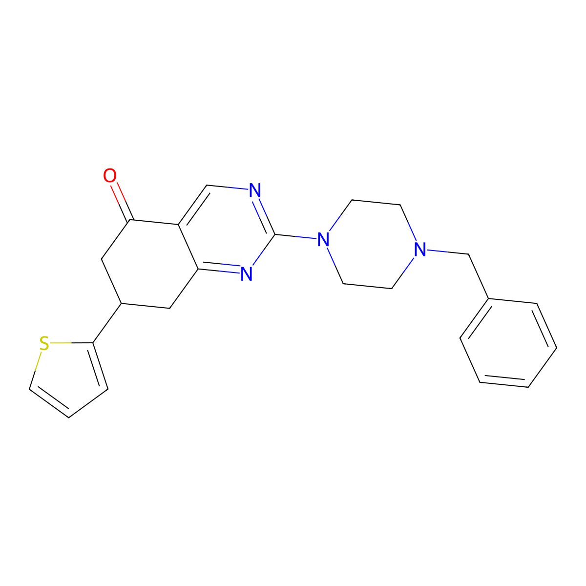 2-(4-benzylpiperazin-1-yl)-7-(thiophen-2-yl)-7,8-dihydroquinazolin-5(6H)-one molecular structure, CAS 849918-86-1