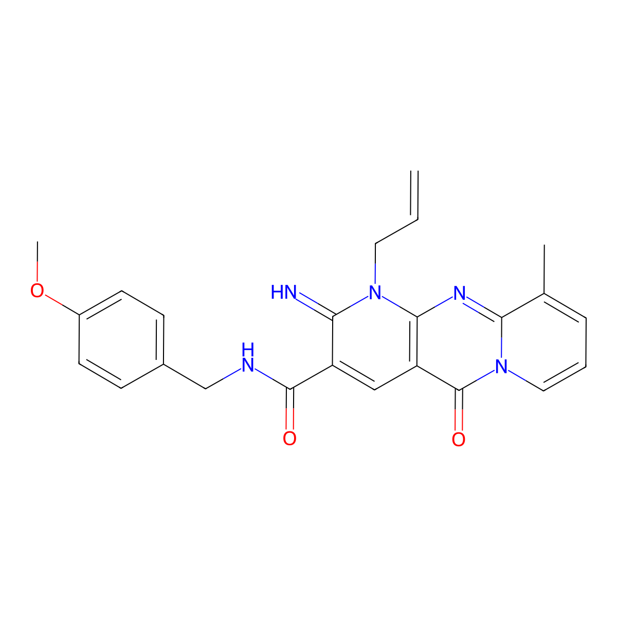 2-imino-N-[(4-methoxyphenyl)methyl]-10-methyl-5-oxo-1-prop-2-enyldipyrido[3,4-c:1',2'-f]pyrimidine-3-carboxamide molecular structure, CAS 849919-22-8