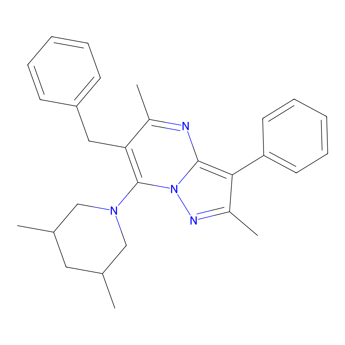 6-Benzyl-7-(3,5-dimethylpiperidin-1-yl)-2,5-dimethyl-3-phenylpyrazolo[1,5-a]pyrimidine molecular structure, CAS 849919-25-1
