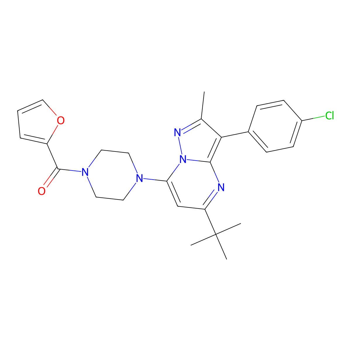 (4-(5-(Tert-butyl)-3-(4-chlorophenyl)-2-methylpyrazolo[1,5-a]pyrimidin-7-yl)piperazin-1-yl)(furan-2-yl)methanone molecular structure, CAS 849920-43-0