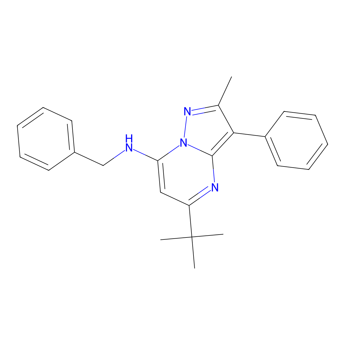N-benzyl-5-tert-butyl-2-methyl-3-phenylpyrazolo[1,5-a]pyrimidin-7-amine molecular structure, CAS 849922-31-2